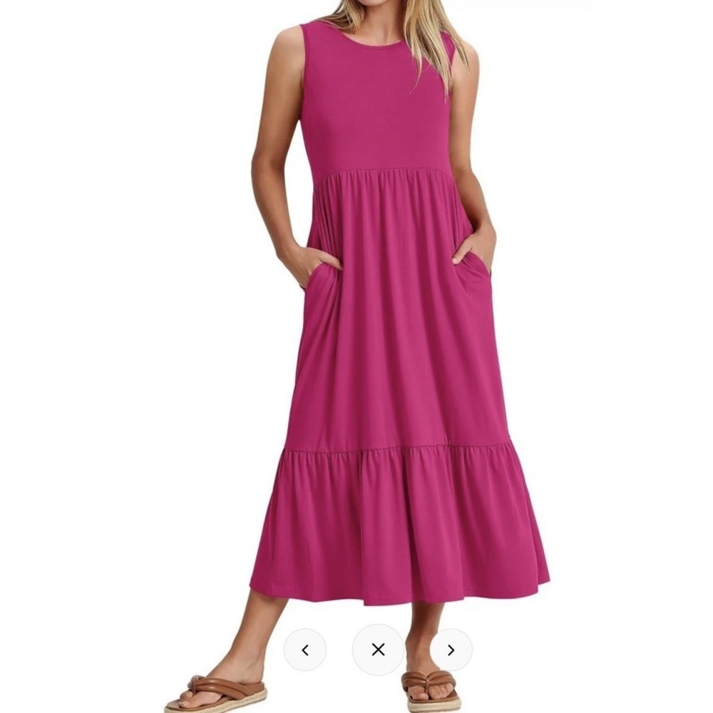 NWT Women's ANRABESS Tiered Fit & Flare Maxi Sundress w/Pockets Pink - Medium